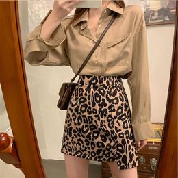 Work Dresses 2023 Fall Clothes Two Piece Set Female Fashion KhakiWomen Shirt High Waist A-line Leopard Skirt KoreanLeopard Suit