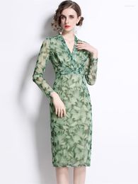 Casual Dresses 2023 Summer Elegant Green Flower Print Sexy Ruched Bodycon Dress Women V Neck Long Sleeve Mesh Draped Lace Up Midi