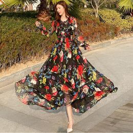 Casual Dresses 2023 Chiffon Flowers Print Long Sleeve Maxi Dress Bohemia Full Plus Size Celebrity/graduation/Dinner Beach Sundress