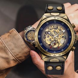 Wristwatches Men Bronze Case Self-Wind Tachymeter Skeleton Steampunk Vintage Automatic Mechanical Gift Clock Male RelojWristwatches