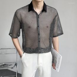 Men's Casual Shirts Summer Sheer Men Fashion Society Mens Dress British Style Loose Black/White Short Sleeve Cutout