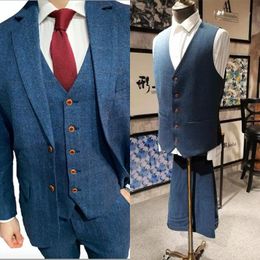 Men's Suits & Blazers Wool Blue Herringbone Men Retro Gentleman Style Custom Made Tailor Suit Blazer Wedding Business (Jacket Pants Vest)