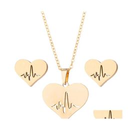 Earrings Necklace Fashion Stainless Steel Love Heart Women Gold Heartbeat Stud Jewellery Sets For Girls Wedding Drop Delivery Oti34