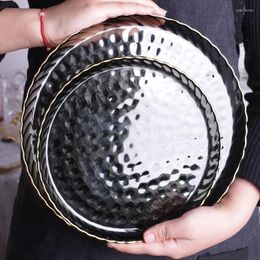 Plates 22cm/26.5cm Japan-Style Simple Gold Plate Thickened Glass Hammer Eye Texture Salad Sushi Cake Tableware Dish Container