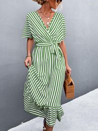 Party Dresses 2023 Elegant Striped Ruffles Loose Summer Dress For Women Casual V-neck A-line Sashes Midi Holiday