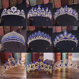 Hair Jewelry European Blue Crystal Tiaras Vintage Gold Silver Rhinestone Pageant Crown Baroque Bridal Wedding Accessories Gift