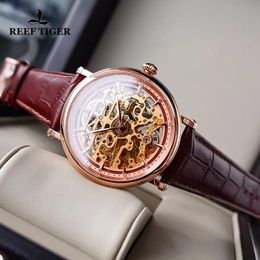 Wristwatches Reef Tiger/RT Top Mens Automatic Mechanical Skeleton Watch With Rose Gold Genuine Leather Band Vintage Watches