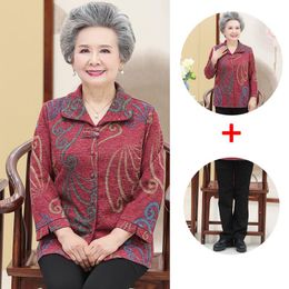 Women's Two Piece Pants Fdfklak Middle-Aged Elderly Mother Outfits Spring Autumn 60-80 Years Old Grandma Pant Suit Long Sleeve Sets Womens 5