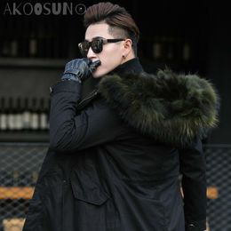 Men's Leather & Faux AKOOSUN Natural Raccoon Fur Coat Warm Winter Jacket Men Collar Parka Clothes Long F-PKF-1111 MY774