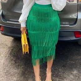 Skirts Women Fringe Bodycon Pencil Black Tassel High Waist Stretch Sheath Midi Length Ladies Slim Elegant Saias Faldas DQ1289