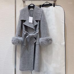 Women's Down Turn Collar Luxury Wool Coat For Women High Quality Removable Genuine Fur Cuff Long Jacket Casaco Feminino