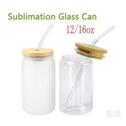 Tumblers Ups12Oz 16Oz Sublimation Glass Cola Can Tumbler Clear Frosted Jar With Bamboo Lid Wide Mouth Beer Cup Festival Party Wine D Dhcew