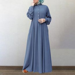 Ethnic Clothing Muslim Dress Women Robe Solid Colour Vintage Round Neck Cardigan Single-breasted Big Swing Sundress Ladies Hijab 2023