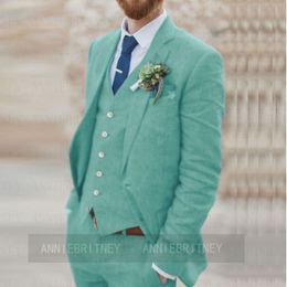 Men's Suits & Blazers Turquoise Beach Wedding Mens Linen Summer 3 Piece Notch Lapel Man Groom Suit Slim Fit Blazer Sets Jacket Vest PantsMen