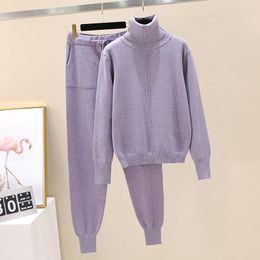 Women's Two Piece Pants Autumn Women's Purple Knitted Suit Solid Large Size Turtleneck Pullover Sweater Harem 2 Set Winter Female
