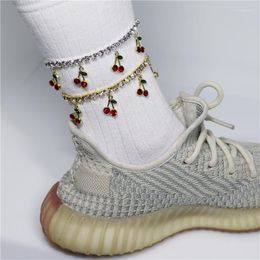 Anklets INS Fashion Red Rhinestone Cherry Pendant Foot Chain Ladies Personality Biker Ultra Flash Crystal Ankle Jewelry Wholesale
