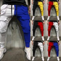 Men's Pants Men Sweatpants Patchwork Contrast Color Trousers Hip Hop Track Pant Streetwear Slim Joggers Male Casual Multi-Poc219q