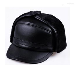 Berets Plus Thick Velvet Leather Hat Warm Winter Sheepskin Leifeng Cap Men Sheep Skin Imitation Mink Hair Ear Bone