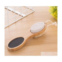 Bath Brushes Sponges Scrubbers Foot Brush Pumice Stone Rasp File Exfoliating Bamboo Handle Pedicure Tool 4 In 1 Mtifunctional Scr Dhsxk