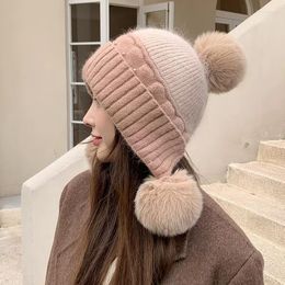 Berets EUMOAN Hat Lady Winter Knitted Fashion Lovely Three Ball Plus Plush Thick Warm Korean Version Of Cycling Ear Protection Woo