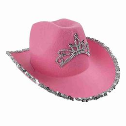 Wide Brim Hats Letter Cowboy Hat Women Girl Pink Sequins Tiara Cowgirl Cap Holiday Cosplay Party Western Style