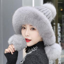 Berets Women's Winter Hat Real Fur Ball Russian Natural Mink Warm Cap Ladies Knitted Hats