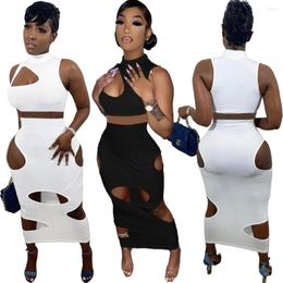 Work Dresses Cut Out Sexy Two Piece Set Women Maxi Skirt Sets Streetwear Sleeveless Crop Top Holes Bodycon Womens Outfits