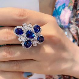 Wedding Rings 2023 Delicate Royal Blue Zircon Flower Bands Ring For Women Luxury Silver Colour Stackable Promise Jewellery