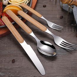 Dinnerware Sets Stainless Steel With Wood Grain Handle Portable Cutlery Silver Flat Knife Spoon Fork Tableware Set For Children
