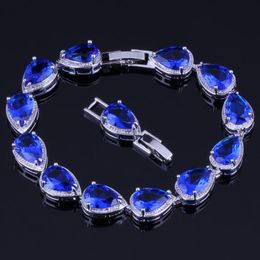 Bangle Enjoyable Pear Blue Cubic Zirconia Silver Plated Link Chain Bracelet 18cm 20cm V0039Bangle