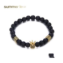 Beaded Strands Trendy Gold Sier King Crown Charm Bead Bracelet For Men Women Cylinder 8Mm Natural Stone Matte Bracelets Jewelry Gif Ot3Mz
