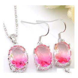 Earrings Necklace Luckyshine 5 Set Jewellery Sets Round Tourmaline 925 Sier Oval Pink Zircon Pendant Earring Wedding Drop Delivery Dh8Fa