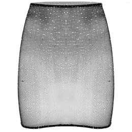 Women's Sleepwear Women Half Slip Dress Shiny Rhinestone Bodycon Miniskirt Sexy See Through Petticoat Sheer Mesh Underskirt For Party Club