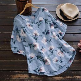 Women's Blouses For Women Dressy Casual V Neck Half Sleeve Linen Vintage Boho Floral Print Tops Loose Blouse Summer