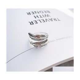 Band Rings Fashion Jewellery S925 Sterling Sliver Ring Cat Vintage Feather Open Finger Drop Delivery Dhbuc