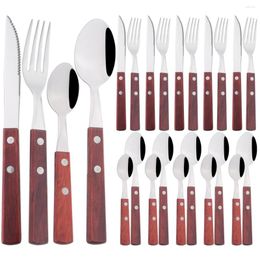 Dinnerware Sets 24Pcs 304 Stainless Steel Set Natural Wood Handle Cutlery Knife Fork Tea Spoon Tableware Western Kitchen Flatware