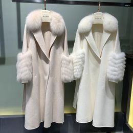 Women's Wool 2023 Vintage Woollen Coats With Genuine Real Fur Collar Plush X-long Jacket