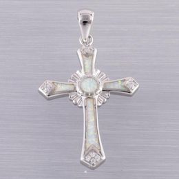 Pendant Necklaces KONGMOON Long Celtic Cross White Fire Opal Silver Plated Jewellery For Women Necklace