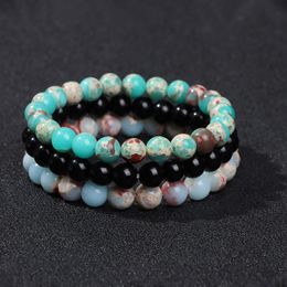 Strand Beaded Strands 3Pcs/set Couple Distance Bracelet 8mm Natural Stone Jaspers Beads Elastic Bracelets Bangles Women Men Charm Yoga