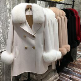 Women's Down Luxury Genuine Real Cashmere Coat For Women With Fur Collar And Cuff Plush Wool Sheep Trench Overcoats