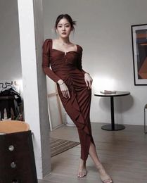 Casual Dresses Women Slim Midi Dress Pleated Puff Long Sleeve Fitting Fishtail 2023