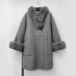 Women's Down 2023 Autumn Winter Women Loose Belt Cashmere Coat With Natural Fur Scarf Female Real Wool Midi Jacket