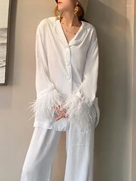 Women's Two Piece Pants Feather Cuffs Sets Of Fashion Pieces For Women Sleepwear Notched Shirts And Wide Leg Pant Homewear