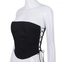 Women's Tanks Fashion Slim Off Shoulder Strapless Lace Up Sexy Bustier Corset Tank Tops For Women Black Sleeveless Vest Female Top Backless