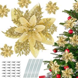 Decorative Flowers 24 Pcs Artificial Silver Poinsettia 14cm / 5.5in White Christmas Tree Decorations F