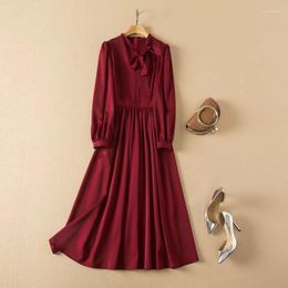 Casual Dresses Bow Tie Elegant Dress 2023 Spring Summer Fashion Party Events Women Long Sleeve Mid-Calf Length Large Swing Wine Red Grey