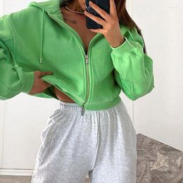 Women's Jackets Green Sweatshirt Zip-up Hooded Collar Full Sleeve Simple Cardigan Women Fashion Sport Oversized Harajuku Cropped Coat