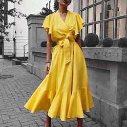 Party Dresses Summer Women Chiffon Dress 2023 Ruffles Plus Size Solid Short Sleeve Tie Tunic Maxi Flowy V-Neck Beach Evening