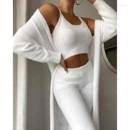 Women's Sleepwear Autumn Winter Soft Fluffy Three Piece Sets Women Sexy Off Shoulder Crop Tops And Long Pants Homesuit Casual Cardigan