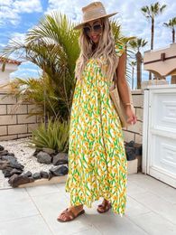 Party Dresses Women Elegant Floral Print Boho Maxi Dress 2023 Summer Square Collar Ruffle Sleeve Backless A-line Splic Beach Robe Femme